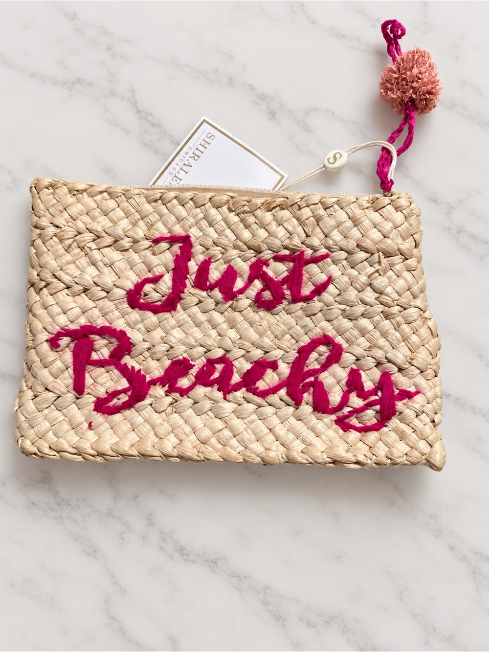 Shiraleah- Natural ‘ Just Beachy' Pouch with Pink Embroidery- NEW WITH TAGS